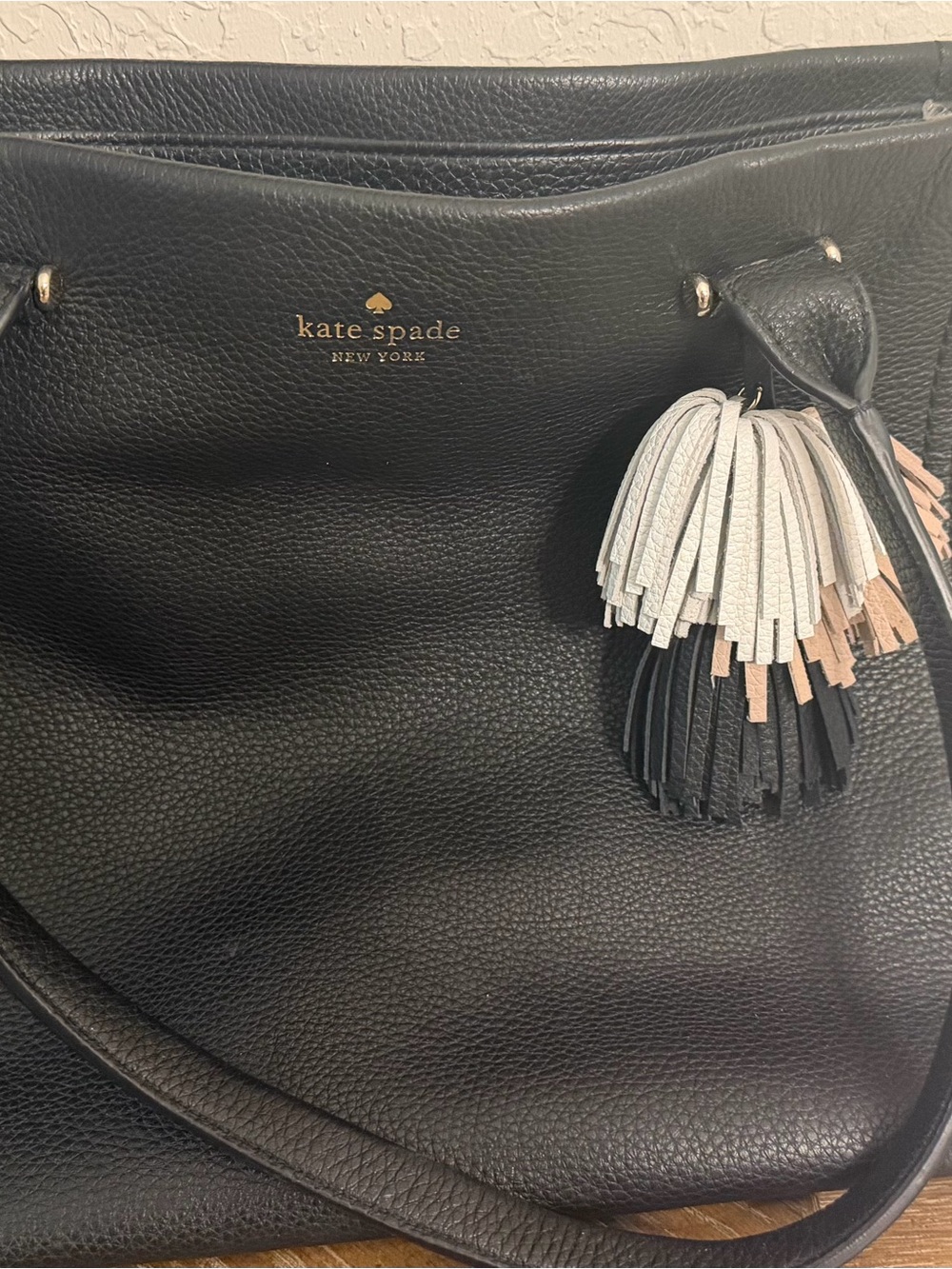 kate spade Black Leather Tote with Multi-Tassel Charm